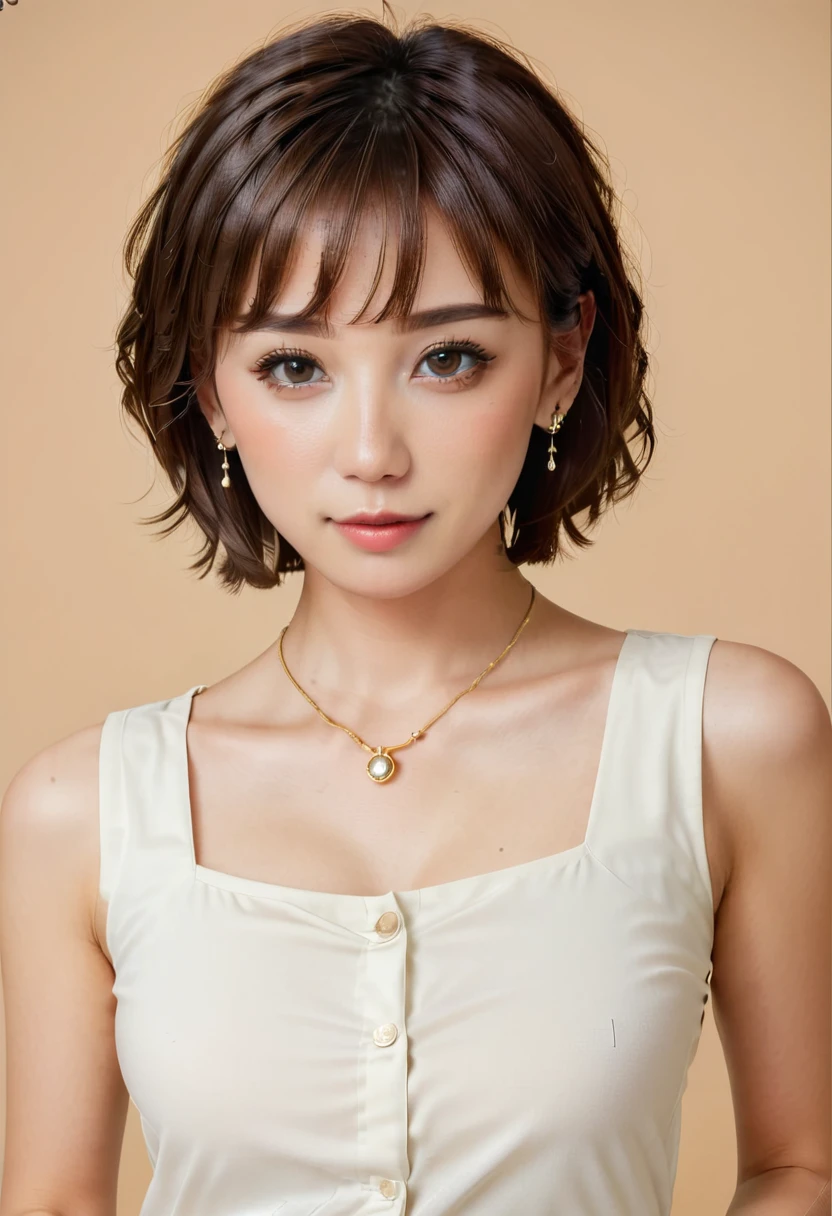 1girl, solo, looking at viewer, short hair, simple background, brown hair, brown eyes, jewelry, upper body, earrings, sleeveless, lips, yellow background