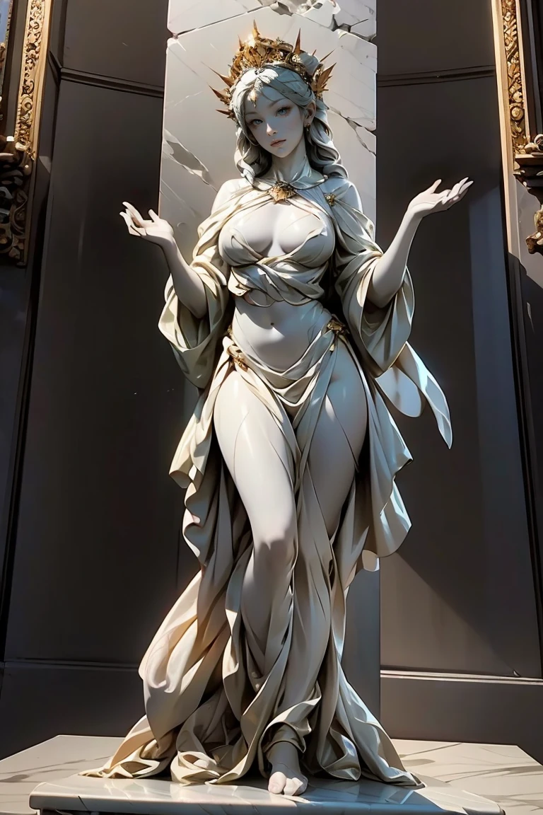 (Marble Statue:1.5), Greek Goddess, Full Sculpture, laurel crown, detailed face, wearing peplos, large single piece of cloth wrapped around body, topless, beautiful breasts, well proportioned body, feminine body, floating, on pedestal, holding volleyball, dynamic pose, floral base, masterpiece, top quality, highly detailed Highly Detailed, Dramatic, Cinematic Lighting, Contrast, High Resolution, Super Realistic, Photorealistic,