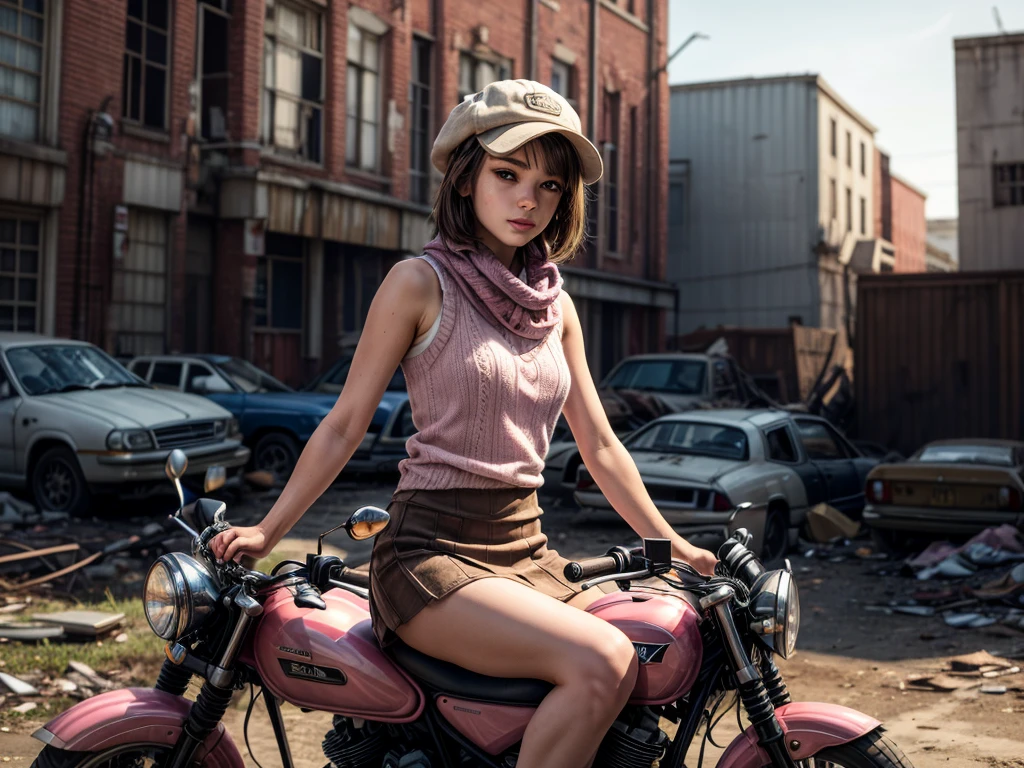 masterpiece, highest quality, (solo focus), (perfect face:1.1), (high detail:1.1), 1girl, brown hair, blue eyes, ((Neapolitan colored outfit)), (pink, cream, and brown clothes), large scarf, cream sleeveless knit sweater, brown short skirt, ((pink newsboy flat cap)), ((rifle)), ((m14)), detailed background, wasteland, leaning on motorcycle, abandoned factory, scrapheap, cinematic lighting,