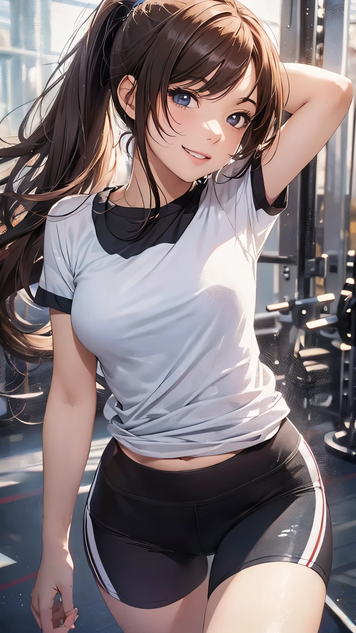 (highest quality,4K,8K,High resolution,table top:1.2), Super detailed, (realistic,photorealistic,photo-realistic:1.37), ,beautiful girl,((full body)),((sweat)),((left arms up)),((jump)),,(grin and laugh),((caramel hair color)),((medium long hair)),((ponytail hairstyle)), ((messy hair)),((T-shirt and black leggings)), ((off-shoulder design T-shirt)),((long length T-shirt)),((dancing in the gym)),((loose Socks over leggings)),((loose socks over leggings)),(sneakers),espadrilles,beautiful and detailed eyes, beautiful detailed lips, highly detailed eyes and face, long eyelashes, realistic anime 3D style, Smooth anime CG art, Digital rendering by Makoto Shinkai, Moe anime art style, photorealistic rendering of an anime girl, Shinkai Makoto style, Cute anime girl visuals, realistic young anime girl, girl fan art, Created by Anime Artist'studio of.