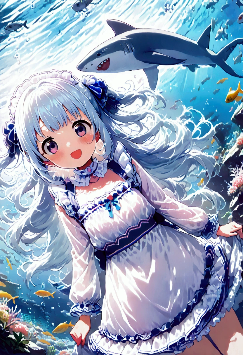 masterpiece, best quality, extremely detailed, (illustration, official art:1.1), 1 girl ,(((( light blue long hair)))), ,(((( light blue long hair)))),light blue hair, , long hair ((blush)) , cute face, big eyes, masterpiece, best quality,(((((a very delicate and beautiful girl))))),Amazing,beautiful detailed eyes,blunt bangs((((little delicate girl)))),(((tareme))),droopy eyes.(true beautiful:1.2), sense of depth,dynamic angle,,,, affectionate smile, (true beautiful:1.2),,(tiny 1girl model:1.2),)(flat chest),1 Girl, alone,Purple eyes, Long Hair, blunt bangs, bangs,(Shark ), aquarium, Glass tunnel, sea creature, school of fish, illumination, Blue light, Aquarium, reflection, adventure, excited, Light effects, mysterious