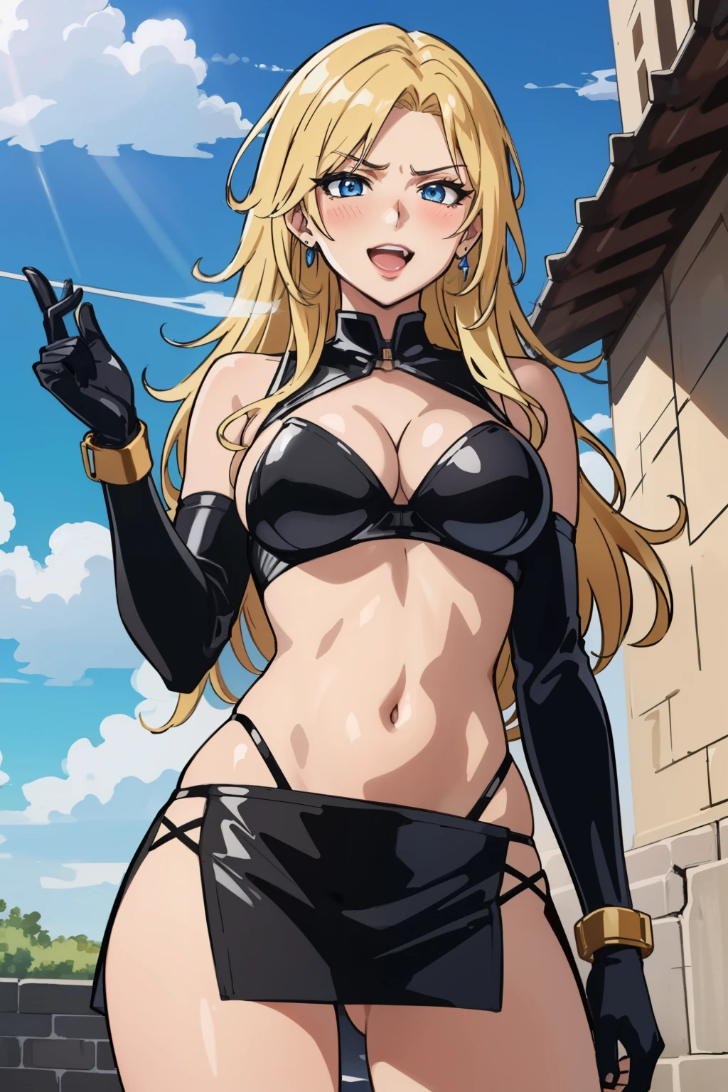 mgs3eva, platinum blonde, blue eyes, long hair,, blush, lipstick, Hot girl, baddie, staring, glaring, bad attitude, mean girl, crazy, smoking, sensual, attractive, jewelry, earrings, masterpiece, best quality, highly detailed, fantasy , a anime girls in armored dress holding a sword
posing for a picture, evil smile, smile, open mouth, breastplate with open cleavage, cleavage, warrior
outfit, ecchi anime style, anime girls, ecchi style, (nsfw) not safe for work, ecchi, digital anime art!!, in
anime style, official artwork, visual novel cg, beautiful anime girl, anime style 4 k , loincloth, exposed
belly, exposed navel, exposed midriff, exposed lower belly, pencil skirt armored, castle,inside castle