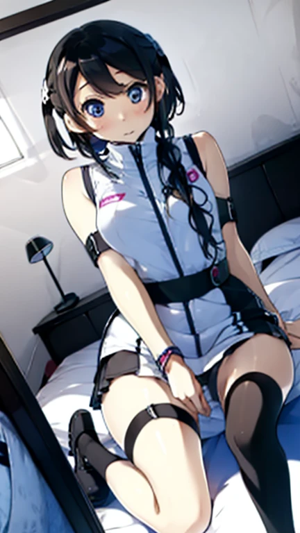 (Highest quality), (masterpiece), 1080P, High resolution, 4K, 8k, Thigh straps, Shooting from directly below, The woman on top of me, Nipples, 白いSweat, Covered , Sweat, Woman looking down, Micro Bikini, Skirt swimsuit, Thigh-high socks, To achieve this, 16 years old, Small breasts, whole body, Black leather shoes, Braided hair, Inner Color, Embarrassed face, Short black hair, bracelet, Bedroom,celestial body_Vest
