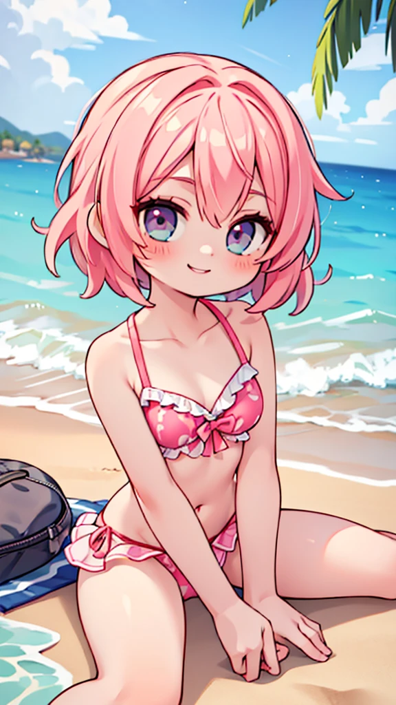 2d, masterpiece, best quality, anime, highly detailed face, highly detailed eyes, highly detailed background, beach lighting, 1girl, solo, upper body, pink hair, two piece bikini, smiling, sandy beach background, sitting 