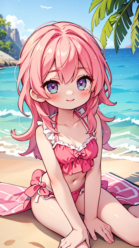2d, masterpiece, best quality, anime, highly detailed face, highly detailed eyes, highly detailed background, beach lighting, 1girl, solo, upper body, pink hair, two piece bikini, smiling, sandy beach background, sitting 