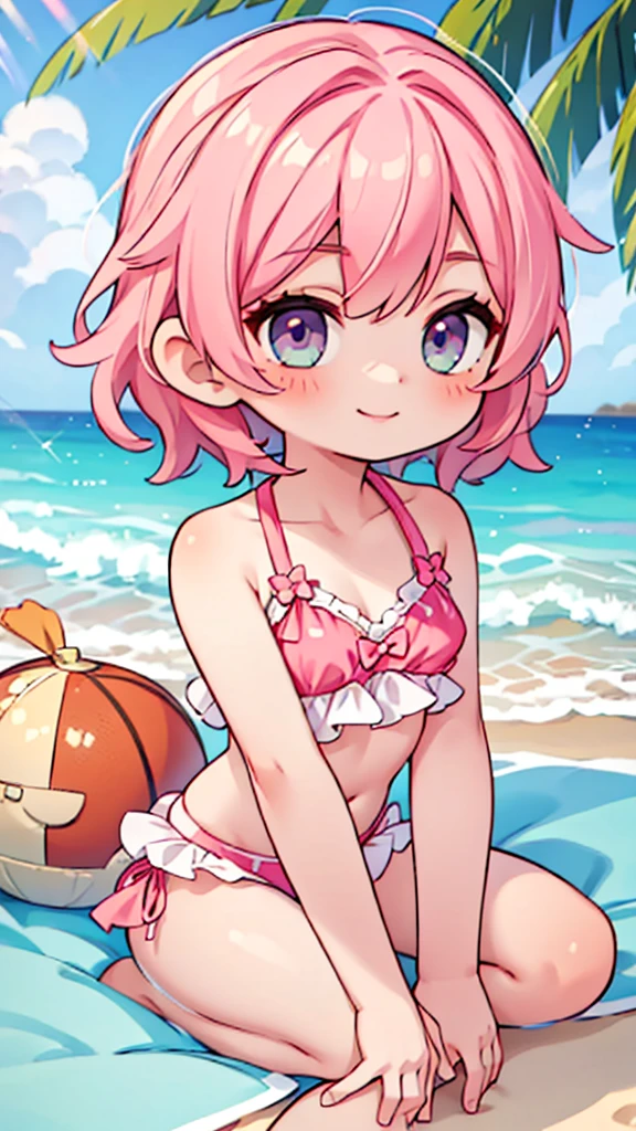 2d, masterpiece, best quality, anime, highly detailed face, highly detailed eyes, highly detailed background, beach lighting, 1girl, solo, upper body, pink hair, two piece bikini, smiling, sandy beach background, sitting 