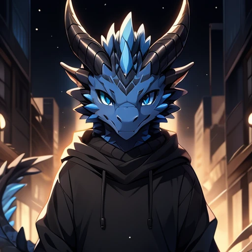 a furry den dragon with black scales and blue-tipped horns, blue colored eyes, wearing a black sweater (arte anime)