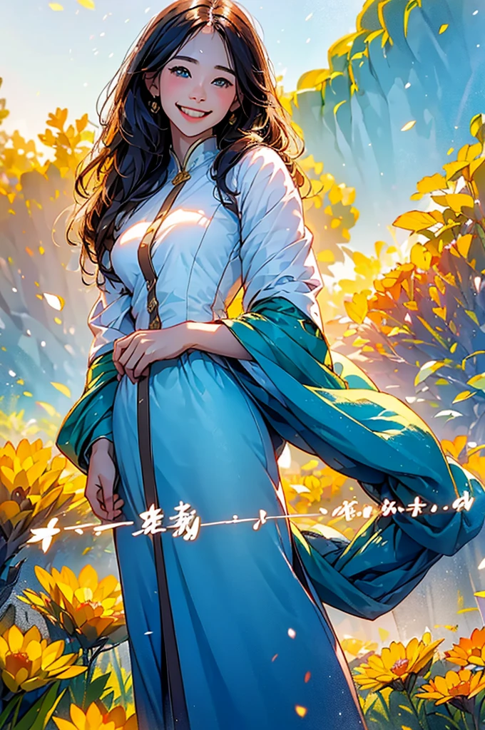 (in 8K、top-quality、masterpiece:1.2)、One woman、(Smiling smile:1.1)、beautidful eyes、Valley、The upper part of the body、length hair、Like a boy、Longhaire、Blue View、