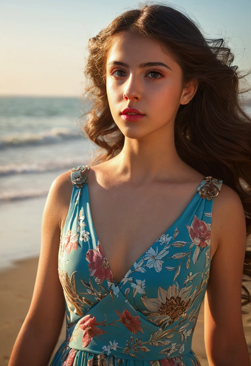 lndswgnr_v1.0, (infoque nítido: 1.5), (infoque nítido:1.2), portrait, intractive young woman, (beautiful face:1.1), detailed eyes, delicious lips, (eye makeup:1.2), (tight body:1.2), exhausting (flowery dress:1.2) in (the beach:1.2). (morning sun lighting:1.2), depth of field, bokeh, 4k, HdR. by (James C.. Christinsin:1.2|Jeremy Lipking:1.1).