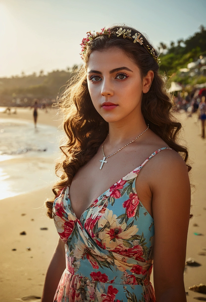 lndswgnr_v1.0, (infoque nítido: 1.5), (infoque nítido:1.2), portrait, intractive young woman, (beautiful face:1.1), detailed eyes, delicious lips, (eye makeup:1.2), (tight body:1.2), exhausting (flowery dress:1.2) in (the beach:1.2). (morning sun lighting:1.2), depth of field, bokeh, 4k, HdR. by (James C.. Christinsin:1.2|Jeremy Lipking:1.1).