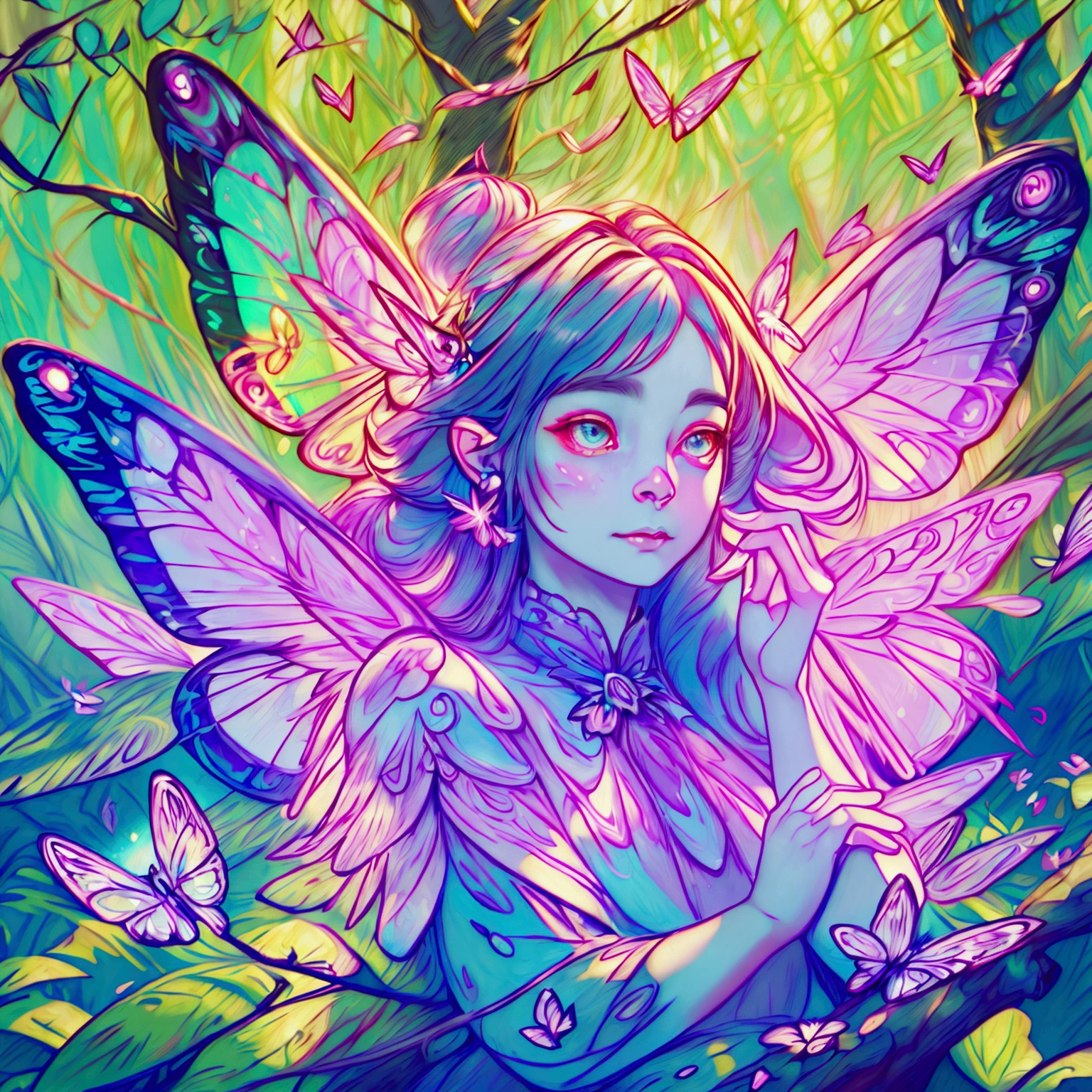 a fairy with multi colored wings of light flying through an enchanted forest,1girl,extremely detailed face and eyes,gorgeous fairy with beautiful flowing hair,colorful and glowing butterfly wings,enchanted forest with glowing mushrooms and flowers,sunlight filtering through the trees,cinematic lighting,vibrant colors,whimsical fantasy art,digital painting,(best quality,4k,8k,highres,masterpiece:1.2),ultra-detailed,(realistic,photorealistic,photo-realistic:1.37)