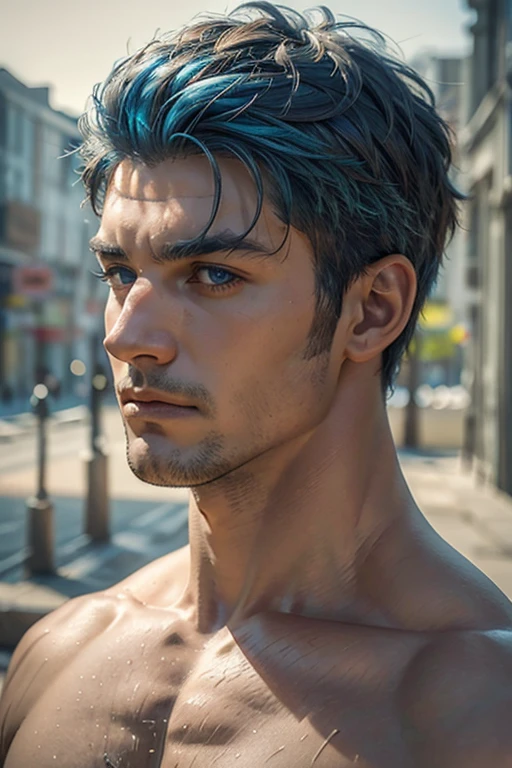 muscular shirtless man, looking at camera, blue hair, detailed face, high quality, photorealistic, dramatic lighting, cinematic composition, chiaroscuro, hyper-detailed, (best quality,4k,8k,highres,masterpiece:1.2),ultra-detailed,(realistic,photorealistic,photo-realistic:1.37),sharp focus,physically-based rendering,extreme detail description,professional,vivid colors,bokeh