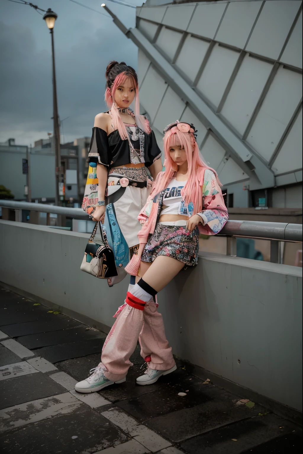 (Best quality, 8k, 32k, Masterpiece, UHD:1.2), "Transform the scene into the urban and vibrant streets of Harajuku, Japan, but with an eerie emptiness. The setting is devoid of crowds or people, emphasizing the stillness of the moment. The streets are lined with colorful storefronts and fashion boutiques, showcasing Harajuku's eclectic and trendy style. Neon signs and billboards add splashes of bright colors against the urban backdrop.
The architecture is a mix of modern and quirky, with buildings featuring unique facades, artistic graffiti, and bold patterns. There are no trees or grass, just the concrete jungle of the city, with sidewalks and streets intersecting in a complex, yet orderly fashion.
Street lamps and urban furniture like benches and signposts dot the area, enhancing the feeling of an urban environment. The scene captures the essence of Harajuku's vibrant fashion district, yet with an unusual quietness, allowing the intricate details of the urban landscape to stand out."