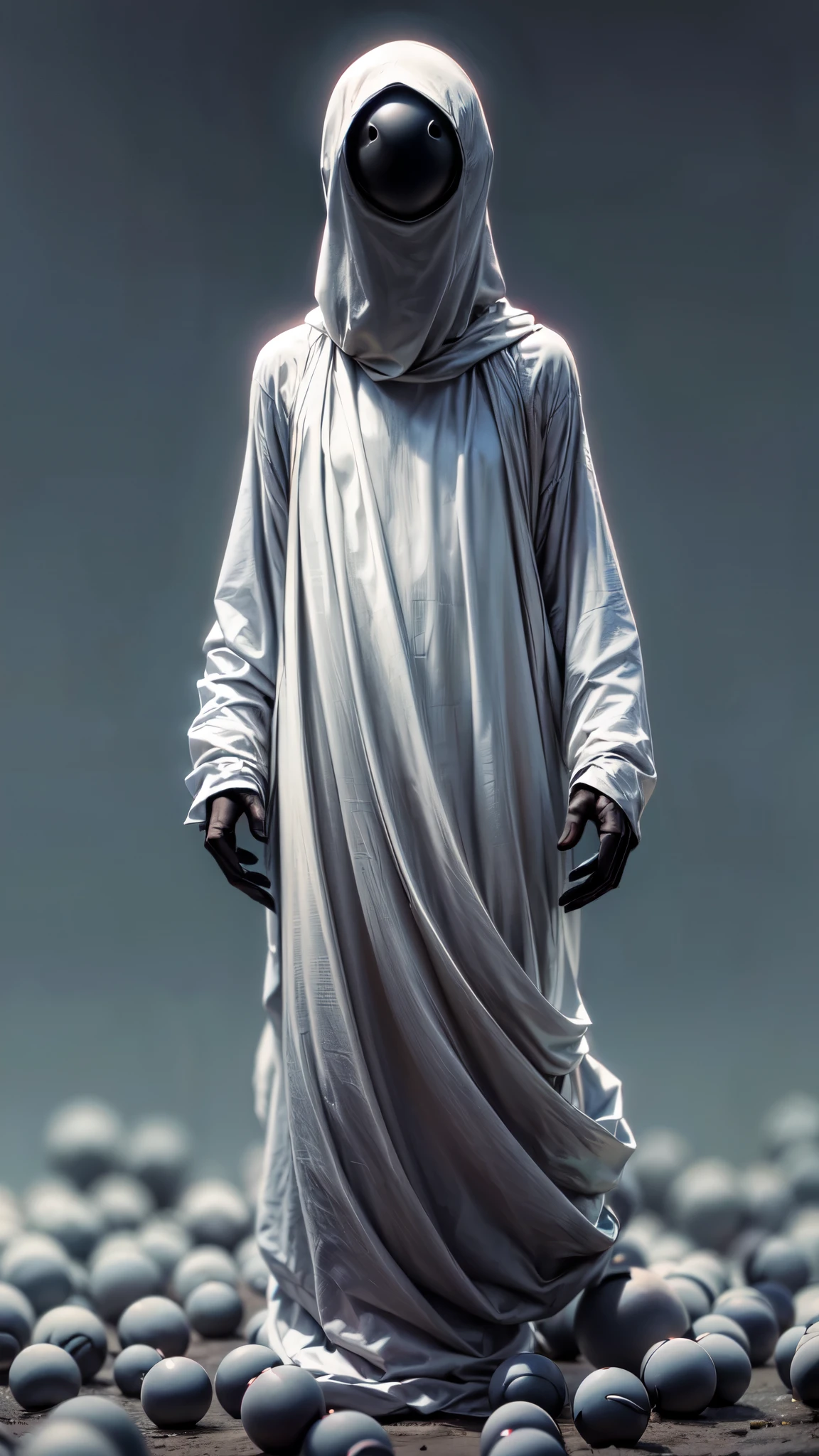 a faceless humanoid creature, no face no nose no eyes no mouth, strange and mysterious creature, black balls floating around the character, creature floating off the ground, white smooth skin, (best quality, 4k, 8k, highres, masterpiece:1.2), ultra-detailed, (realistic, photorealistic, photo-realistic:1.37), dynamic pose, dynamic point of view, overview shot