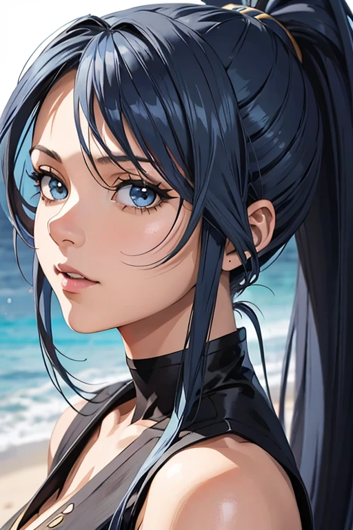 (full-length portrait),(pirate costume),a close up of a woman with a very long hair,(high ponytail), (blue color hair) ,near the ocean, detailed digital anime art, photorealistic anime girl render, extremely detailed artgerm, ig model artgerm, realistic anime 3 d style, realistic anime artstyle, artgerm. high detail, anime style 4 k, nico robin