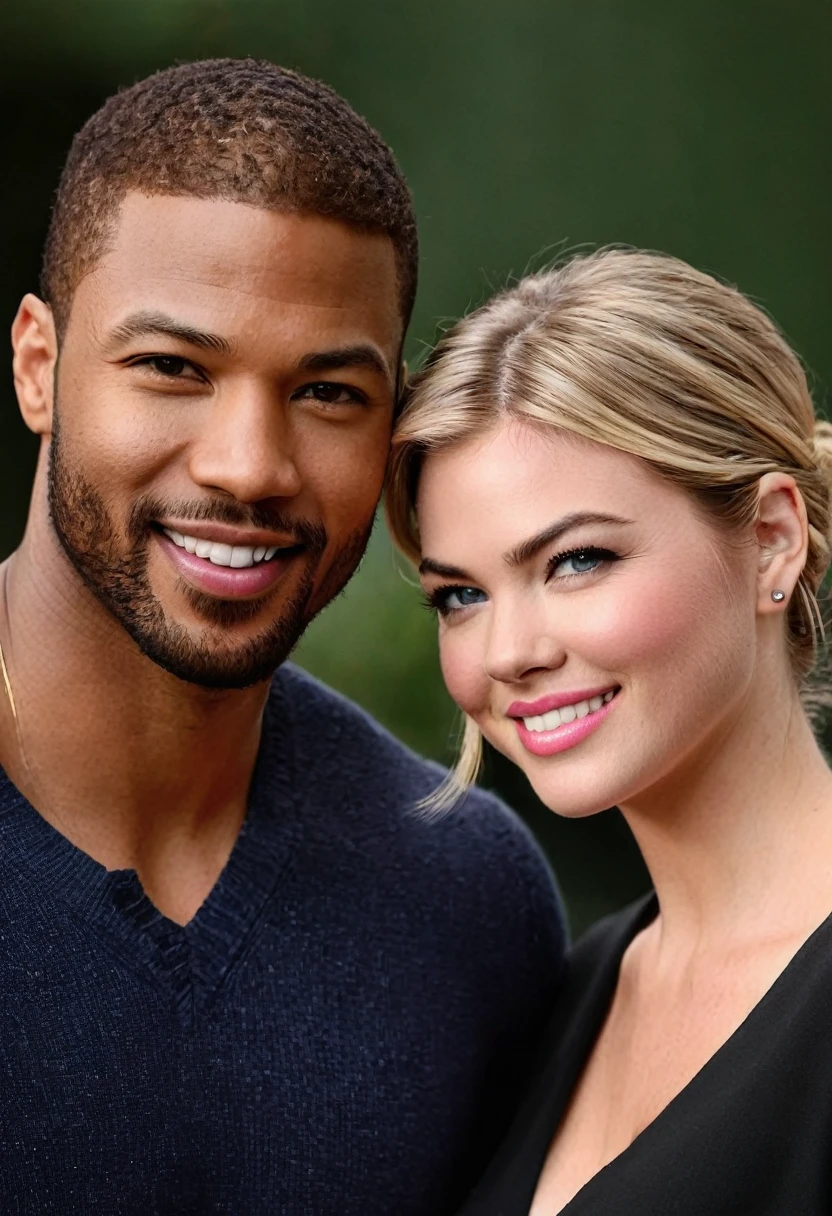 Kate Upton and a handsome African American male whose facial features are a combo of Charles Michael Davis + Isaiah Mustafa + Broderick Hunter pose together for a photo. Both are smiling. Both are attired attractively but casually for a date. Kate wears a pink cardigan and a black dress. Kate has lovely makeup on her face. Daytime. Romantic ambiance. Symmetrical eyes. Symmetrical faces. Lovely details. Photorealistic. Full-colored photo. Professional photo. Highly detailed 8K.