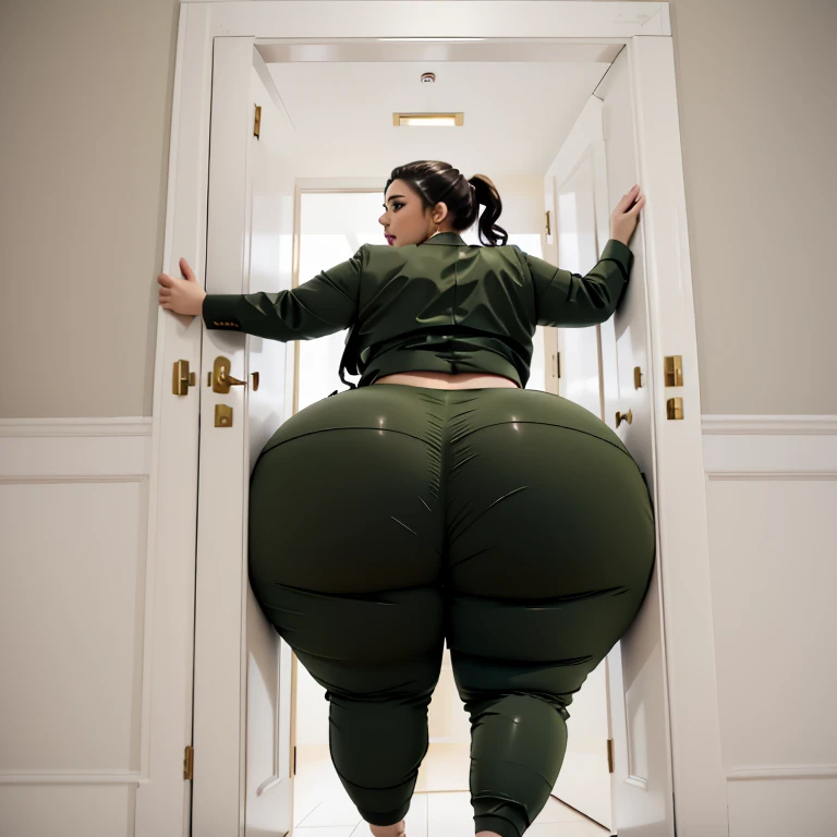 masterpiece, 1girl behind a doorway, from behind, (doorstuck, stuckback:1.3), ssbbw ,huge wide hips, round belly, thick thighs, giant butt,colorful clothing, wearing a olive green suit and tie and formal pants, upset, desperately trying to wiggle through, she tries to free herself but she won't budge, she is stuck tight view from behind, she is too wide, the doorway is quite narrow too, she kicks her legs furiously, trying to wiggle her hips through the small door, but its no good, the door is too small, she keeps trying to squeeze through with frustration, she is stuck too tight
