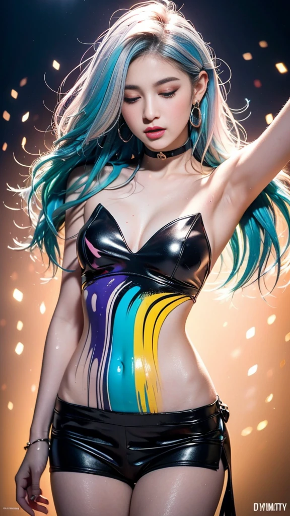 ((Best quality, 8K, Masterpiece:1.3, 1 girl, Beautiful girl)), highres, Cute, Dynamism, Detailed face, Detailed skin, Detailed eyes, Detailed lips, Photorealistic, Raw photo, Natural lighting, perfect anatomy, dynamic pose, toned legs, double eyelid, tear bags, round eyes, moist lips, (colorful body, colorful liquid on the naked body:1.2), colorful hair, rainbow hair, colorful background, japanese girl, cowboy shot, sweaty, liquid art, closed eyes, upper body, pixie cut, blunt bangs, sfw, masturbation, white hair, arms up, open legs