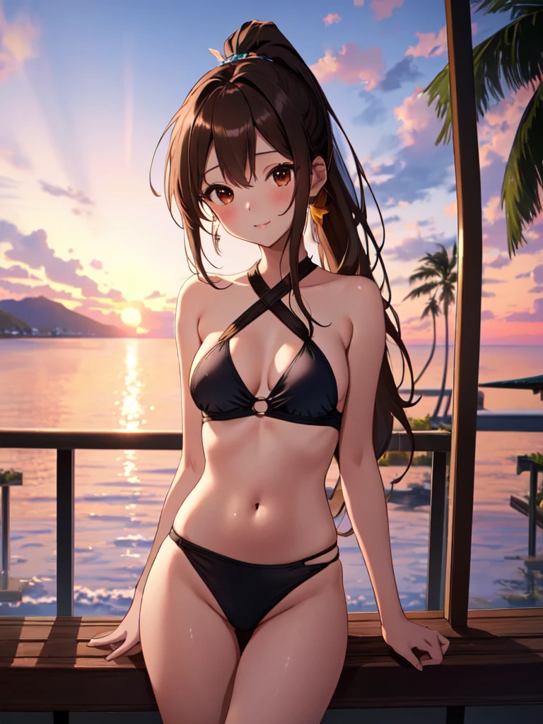 The background is a resort hotel, cute, beautiful, she, Date, Dangerous swimsuit, cute顔:1.5, Petite:1.5, , Long Hair:1.5, ponytail, Brown Hair, Small breasts, uhd, retina, masterpiece, ccurate, anatomically correct, textured skin, super detail, high details, high quality, best quality, highres, 4K