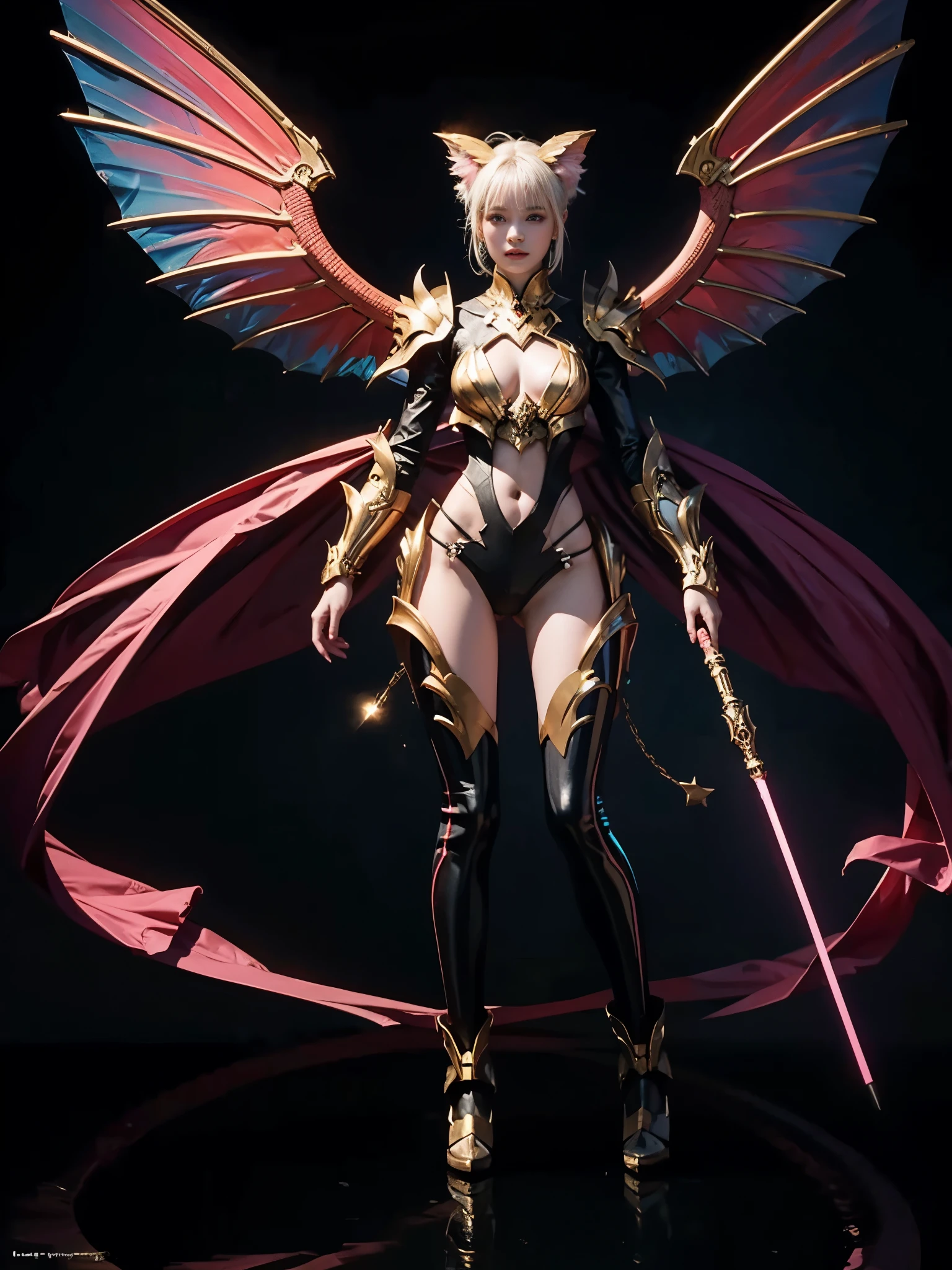 1girl, Armor, Wings, beautiful dragon, futuristic evolved Nekomata, (Neon glowing body), 2 tails, holographic, (The wings are symmetrically paired;1.5), Tricolor color body

