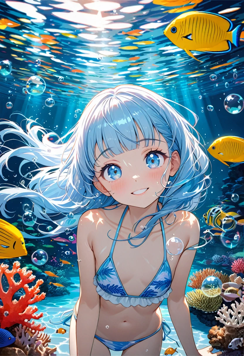 Masterpiece, Top Quality, Very Detailed, (Illustration, Official Art:1.1), 1 Girl, ((((Long light blue hair)))), ((((Long light blue hair)))), Light blue hair, , Long hair ((Blushing)), Cute face, Big eyes, Masterpiece, Top Quality, ((((Very delicate and beautiful girl))))), Awesome, Beautiful detailed eyes, Blunt bangs((((Small delicate girl)))), (((Droopy))), Droopy eyes. (Really Beautiful:1.2), Sense of depth, Dynamic angles, ,, Affectionate smile, (Really Beautiful:1.2),, (Small one girl model:1.2), )(Flat chest), (Top quality, Highly detailed, Latest, Vivid, Super detail, Super high resolution, High contrast, Masterpiece, Best quality, Best aesthetics), Detailed eyes, Underwater scene, Anime girl, Beautiful lips, Colorful tropical fish, Coral, ((Bikini:1.2)), Swimming, Serene facial expression, Lush vegetation, Aquatic environment, Sun rays, Sparkling water reflections, Breathtaking underwater world, Bright colors, Subtle lighting, Serenity, Marine life, Masterpiece of art, Surreal atmosphere, Diving goggles, Water bubbles, Clear water, Tropical paradise, Blissful experience, Happy face of girl, Coral reef, Unusual marine life, Rising bubbles, Glowing fish scales, Weightless floating feeling. (((meny Tropical fish)))