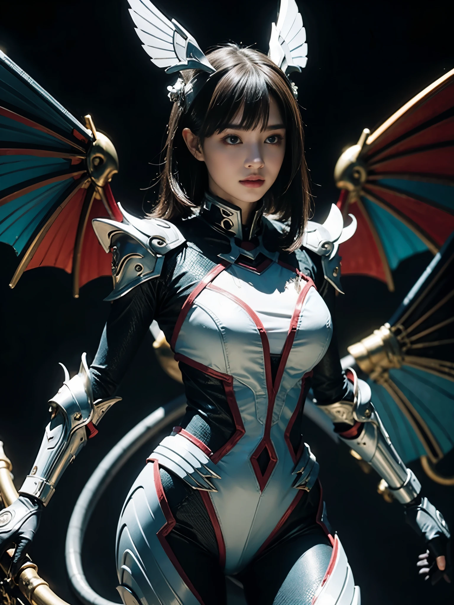 1girl, Armor, Wings, beautiful dragon, futuristic evolved Nekomata, (Neon glowing body), 2 tails, holographic, (The wings are symmetrically paired;1.5), Tricolor color body

