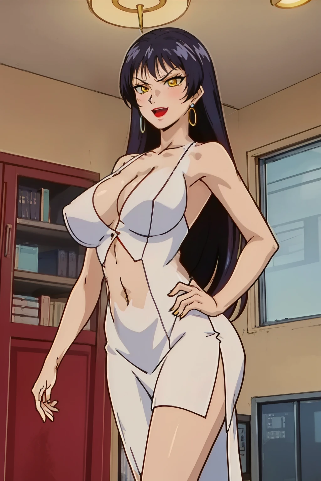 nao, black hair,very long hair, Bangs,yellow eyes,makeup, lipstick,bangs,labcoat, school infirmary, 
1 girl, 20yo,mature female,Beautiful Finger,Beautiful long legs,Beautiful body,Beautiful Nose,Beautiful character design, perfect eyes, perfect face,
blush, lipstick, Hot girl, baddie, staring, glaring, bad attitude, mean girl, crazy, smoking, sensual, attractive, masterpiece, best quality, highly detailed, a anime girls in long dress with navel cutout posing for a
picture, evil smile, smile, open mouth, (nsfw) not safe for work, revealing dress, beautiful dress center
opening , long dress with bellybutton showing, ecchi anime style, anime girls, ecchi style, ecchi, digital
anime art!!, in anime style, official artwork, visual novel cg, beautiful anime girl, anime style 4 k, exposed
navel, exposed bellybutton, jewelry, earrings