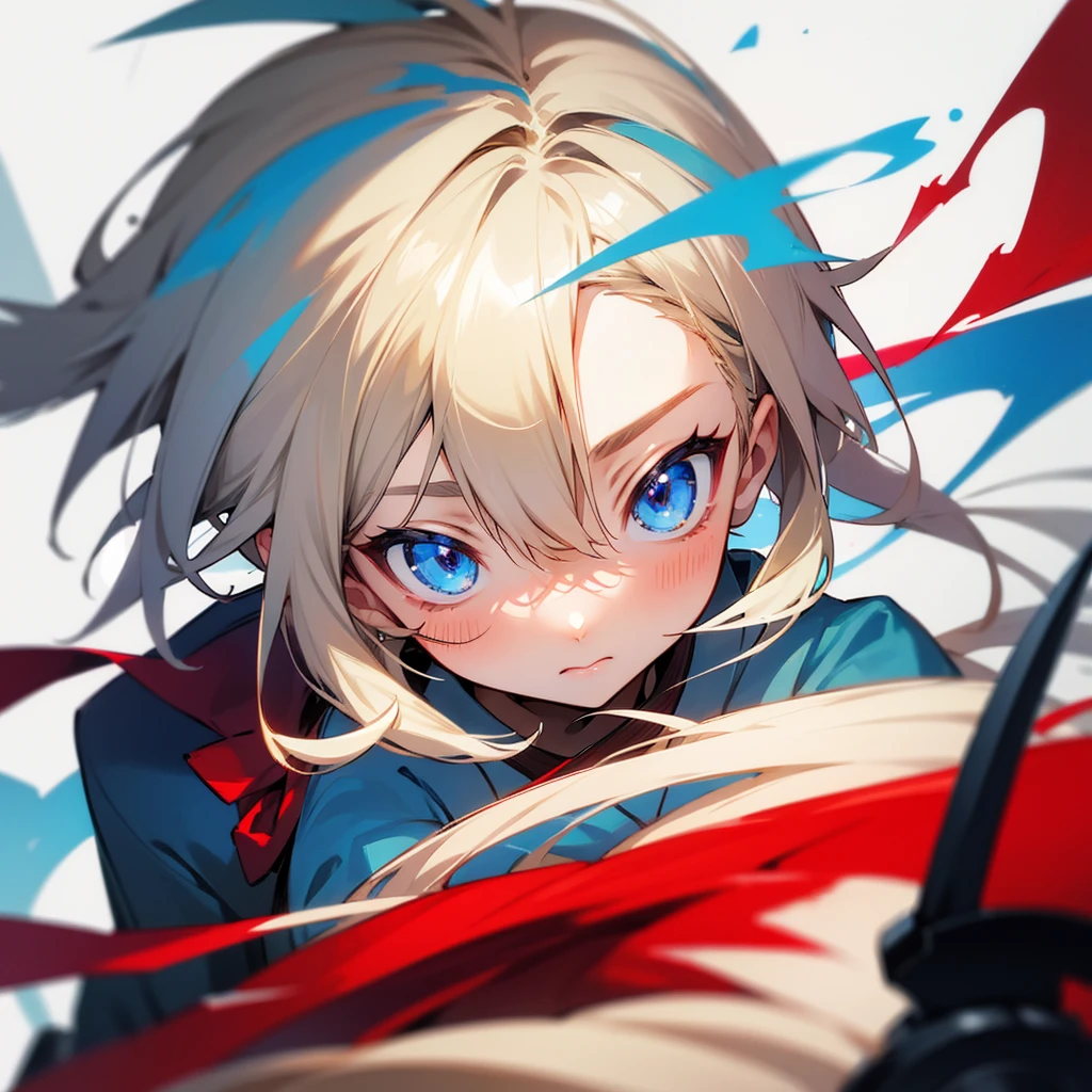 Japanese girl, messy blonde hair, blue colored eyes, red clip,  outfit, high qualiy, face centered 
