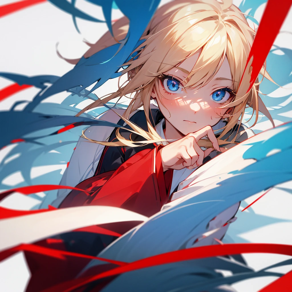 Japanese girl, messy blonde hair, blue colored eyes, red clip, outfit, high qualiy, face centered