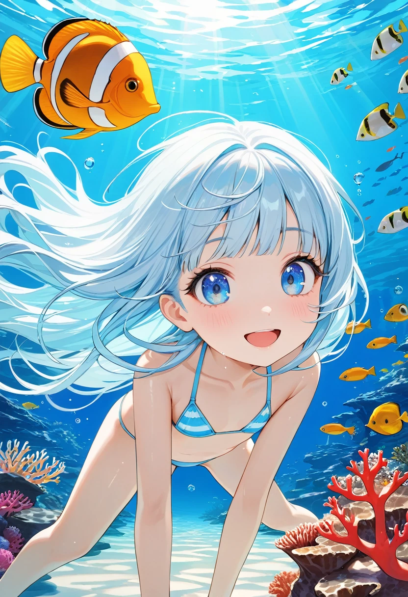 Masterpiece, Top Quality, Very Detailed, (Illustration, Official Art:1.1), 1 Girl, ((((Long light blue hair)))), ((((Long light blue hair)))), Light blue hair, , Long hair ((Blushing)), Cute face, Big eyes, Masterpiece, Top Quality, ((((Very delicate and beautiful girl))))), Awesome, Beautiful detailed eyes, Blunt bangs((((Small delicate girl)))), (((Droopy))), Droopy eyes. (Really Beautiful:1.2), Sense of depth, Dynamic angles, ,, Affectionate smile, (Really Beautiful:1.2),, (Small one girl model:1.2), )(Flat chest), (Top quality, Highly detailed, Latest, Vivid, Super detail, Super high resolution, High contrast, Masterpiece, Best quality, Best aesthetics), Detailed eyes, Underwater scene, Anime girl, Beautiful lips, Colorful tropical fish, Coral, ((Bikini:1.2)), Swimming, Serene facial expression, Lush vegetation, Aquatic environment, Sun rays, Sparkling water reflections, Breathtaking underwater world, Bright colors, Subtle lighting, Serenity, Marine life, Masterpiece of art, Surreal atmosphere, Diving goggles, Water bubbles, Clear water, Tropical paradise, Blissful experience, Happy face of girl, Coral reef, Unusual marine life, Rising bubbles, Glowing fish scales, Weightless floating feeling. (((meny Tropical fish)))