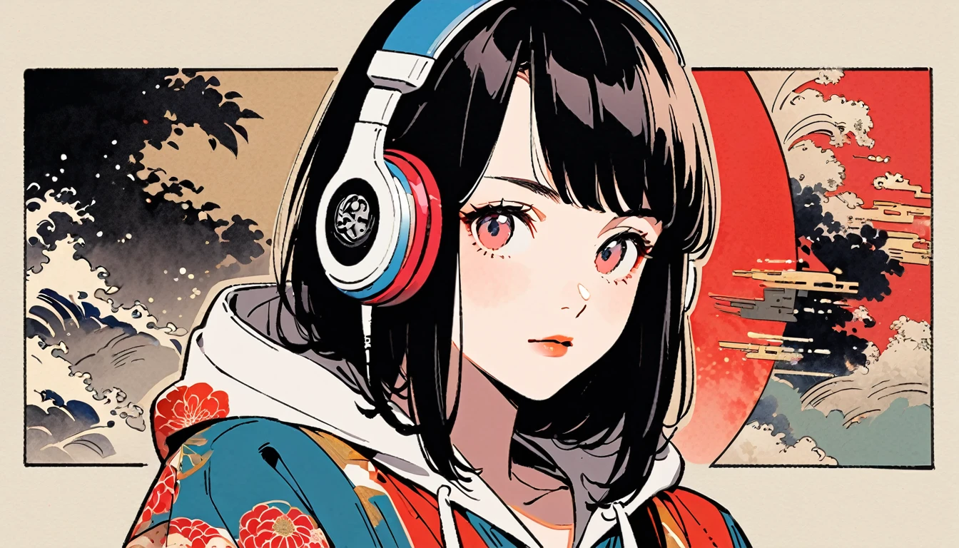 (((Ink Painting))), Fashion portrait color photos, (((1 girl))), (((Japanese style headphones))), (((Japanese pattern hoodie))), (((Put on the hood))), Japan人の美少女, Black Hair, Delicate and precise, Modern ukiyo-e style,Japan, Japanese flag