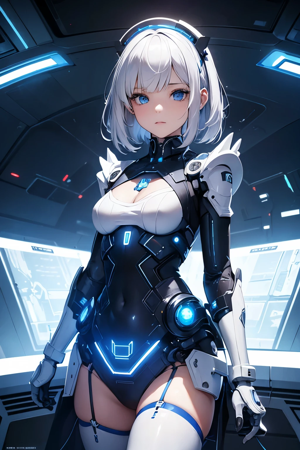 Ultra realistic, girl 8 year old , white hair, Headpones, blue eyes , flat chest , technological suit maid , leds , maid style, futuristic, android girl. Mechanical arms. Mansion