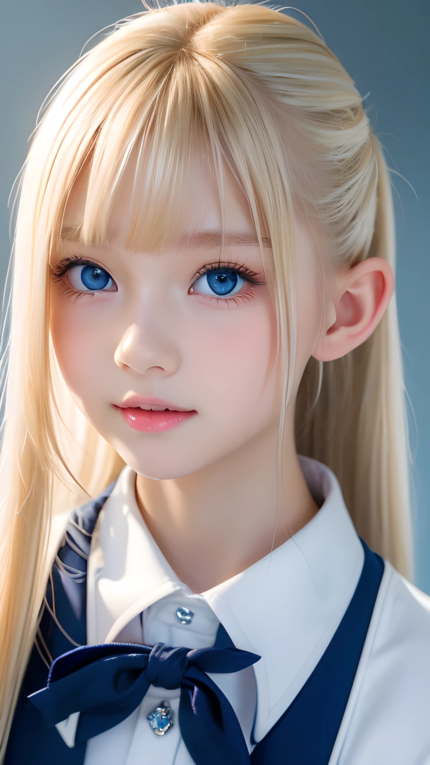 Portrait、School uniforms、Bright expression、ponytail、Young shiny glossy white glossy skin、Great looks、Blonde reflection、Platinum blonde hair with highlights、Shiny bright hair,、Smooth, super long, straight hair、Shiny beautiful bangs、Sparkling, crystal clear, attractive big blue eyes、Very beautiful, lovely and cute 16 year old girl、Ample Bust