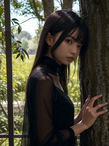 Dark atmosphere, translucent woman excluded from the shade of the tree