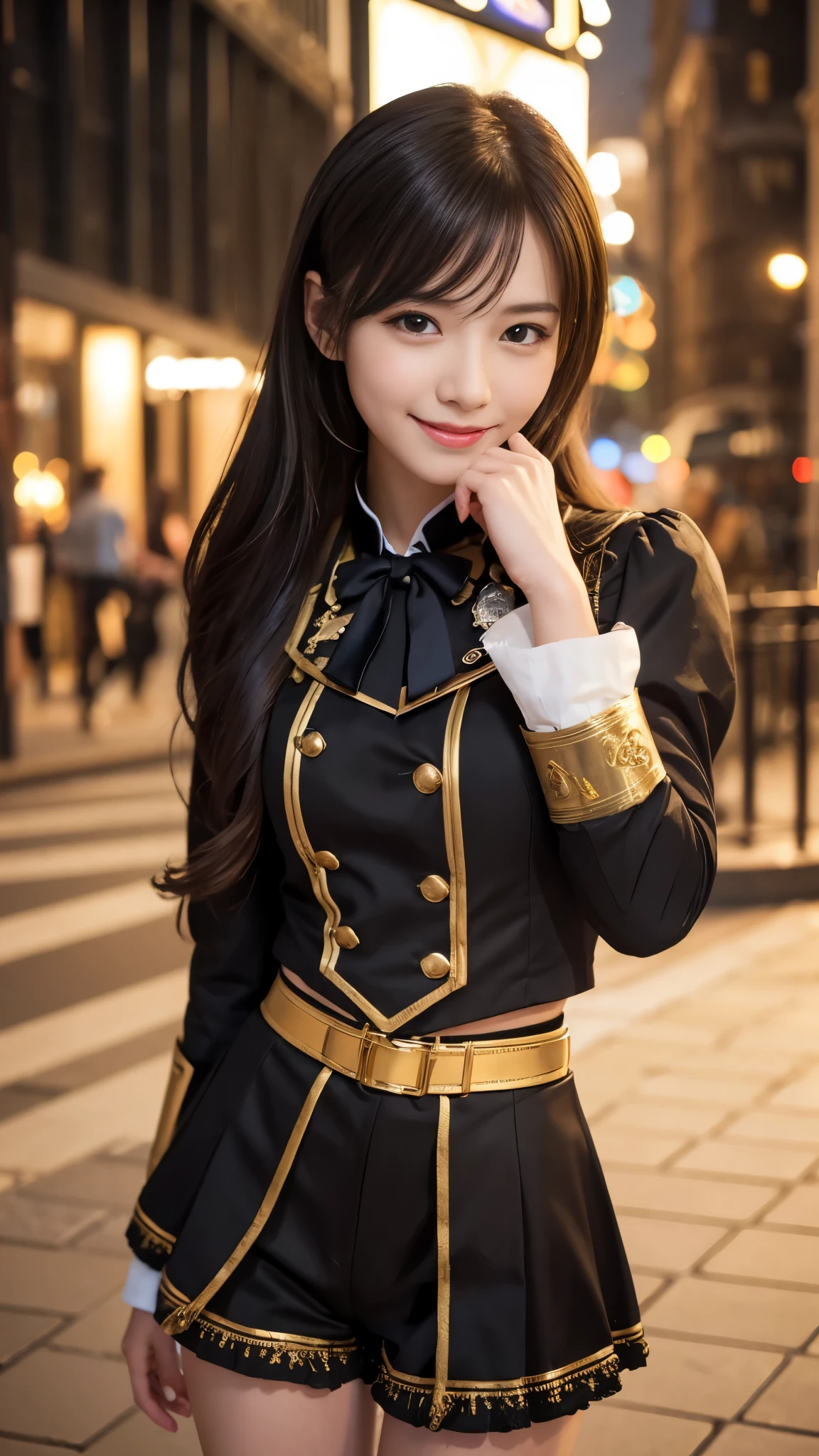 A cute and cool alchemy idol girl、whole body、Good style、、、、、、、、、、Thin legs、Gold and black steampunk uniform、A pure idol face、City of Gold(Shine)、(Detailed eyes and face、Professional photography techniques)、(Highest quality:1.4、Highest quality、Masterpiece、Ultra high definition)、Smile