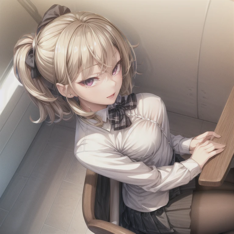 best quality, ultra high res, (photorealistic:1.4), 1girl, button shirt, black skirt, school, dark brown hair, breasts, (blonde hair:1.2), looking at viewer, (highly detailed face:1.1),, (PureErosFace_V1:0.8),tiktok,