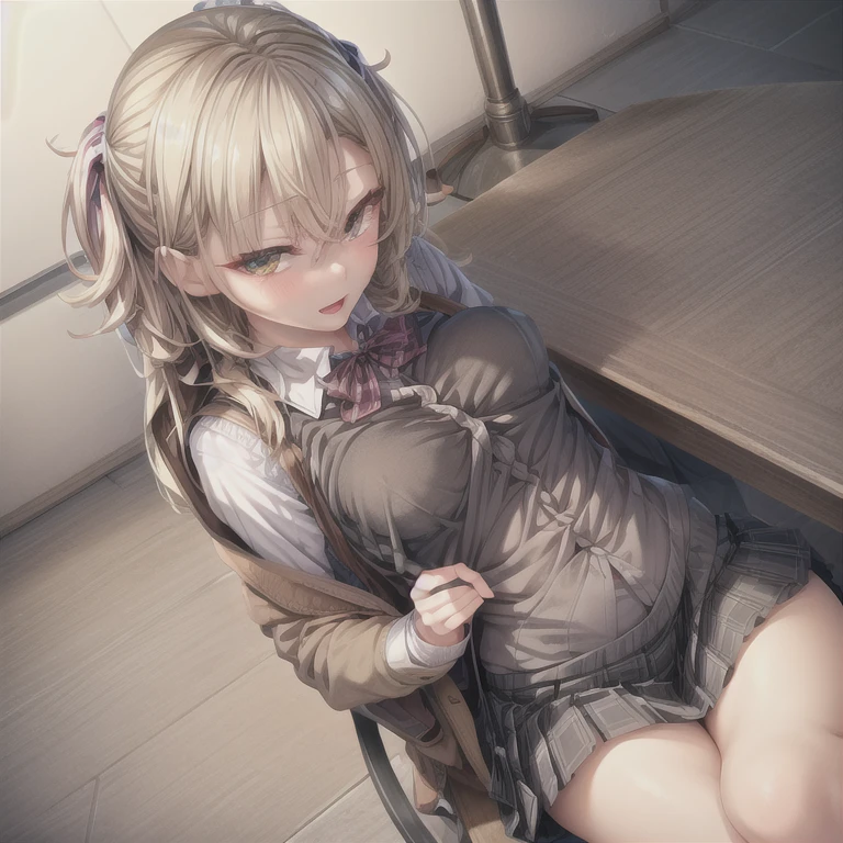 best quality, ultra high res, (photorealistic:1.4), 1girl, button shirt, black skirt, school, dark brown hair, breasts, (blonde hair:1.2), looking at viewer, (highly detailed face:1.1),,  (PureErosFace_V1:0.8),tiktok,  