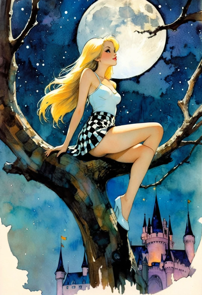 very sexy girl, long blonde hair, very small breasts, checkered miniskirt, {girlsitting on a high tree branch}, ((from bottom)), magic, fantastic, night sky, moon, stars, castle background, art inspired by Bill Sienkiewicz