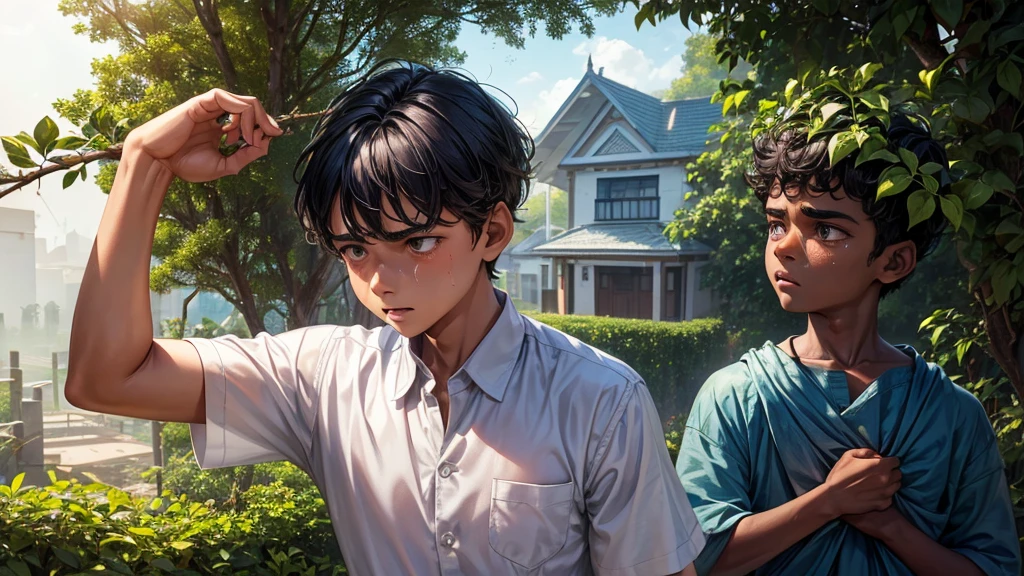 surrealistic, scene top to down view of a 12 year old school boy embracing around tight with his both hands on to a tree ,crying, down view a middle aged Kerala man wearing white Dothi and shirt looking up to the boy with annoyed face and furrowed eye brows, man has a white report card in his hand, man is standing before a house