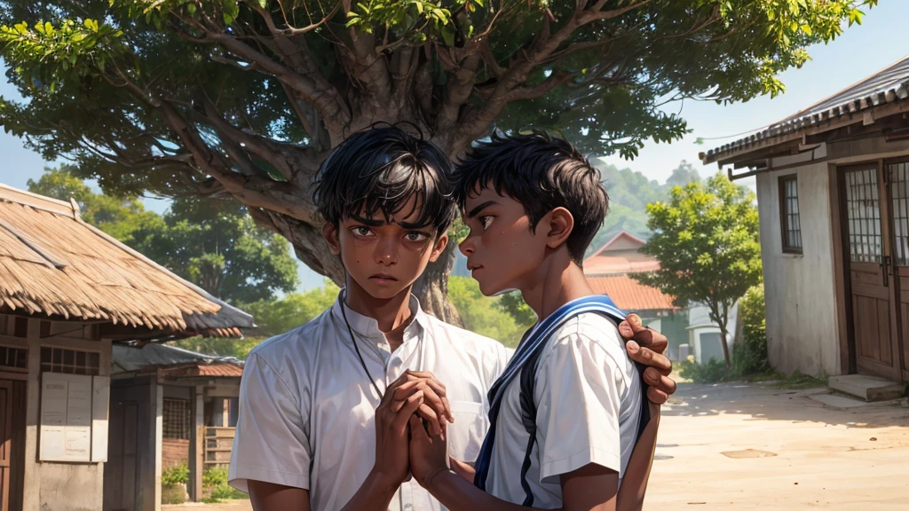 surrealistic, scene top to down view of a 12 year old school boy embracing around tight with his both hands on to a tree ,crying, down view a middle aged Kerala man wearing white Dothi and shirt looking up to the boy with annoyed face and furrowed eye brows, man has a white report card in his hand, man is standing before a house