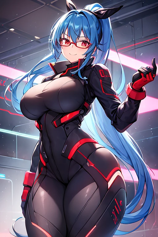 1girl, full body, ponytail, blue hair, black bodysuit, bodysuit, red eyes, large breasts, thick thighs, mature female, hourglass figure, smile, light smile, futuristic, science-fiction, machinery, tech, neon trim, glasses, red glasses