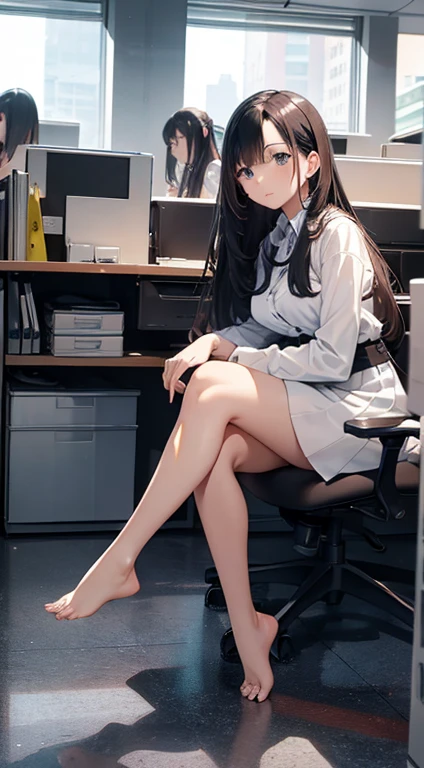 masterpiece highest quality high resolution、Attractive office lady,28 years old,Long Hair, Sit with your knees bent、eight-headed body、Beautiful feet 、On the office floor、As if looking up from below、Embarrassing
