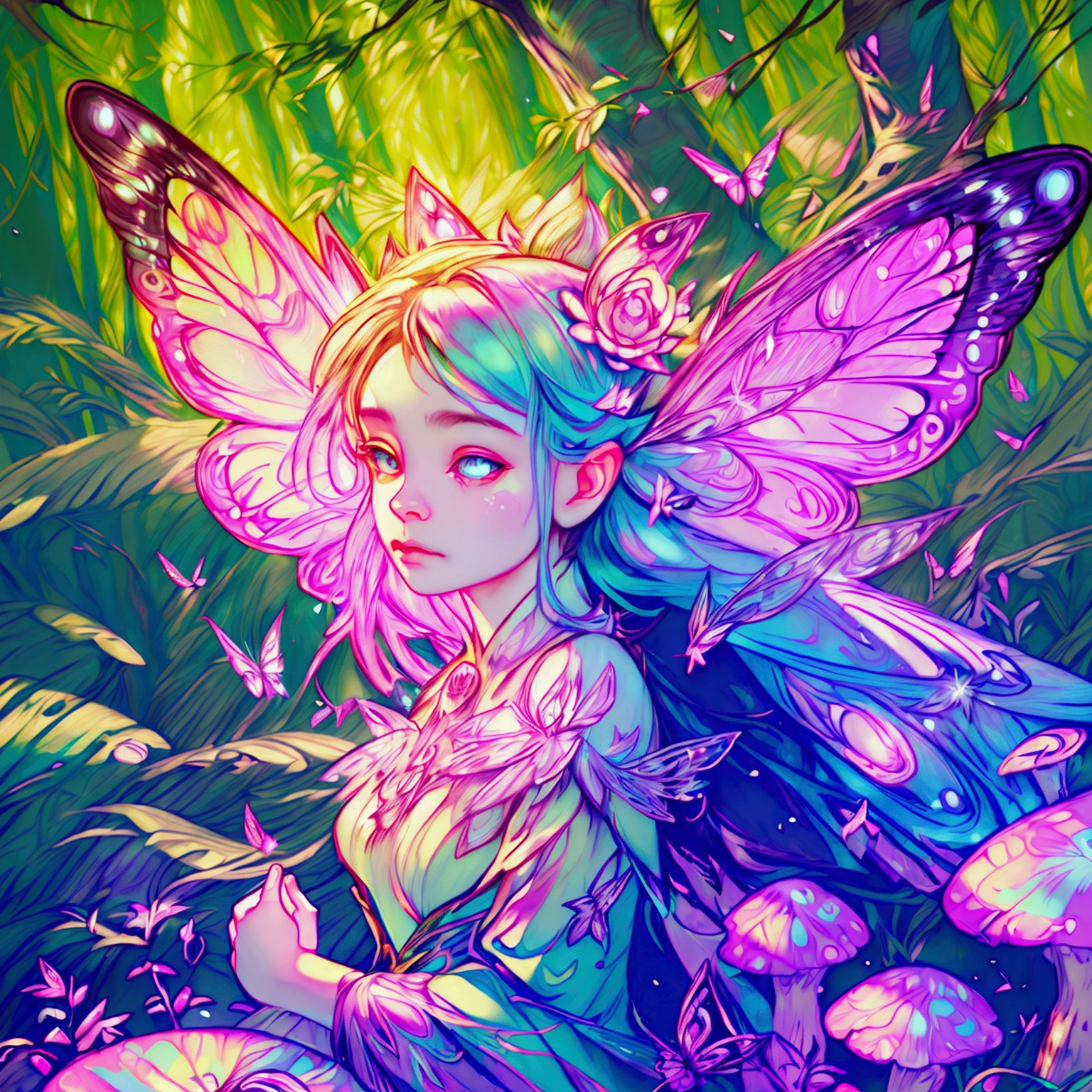 a fairy with multi colored wings of light flying through an enchanted forest,1girl,extremely detailed face and eyes,gorgeous fairy with beautiful flowing hair,colorful and glowing butterfly wings,enchanted forest with glowing mushrooms and flowers,sunlight filtering through the trees,cinematic lighting,vibrant colors,whimsical fantasy art,digital painting,(best quality,4k,8k,highres,masterpiece:1.2),ultra-detailed,(realistic,photorealistic,photo-realistic:1.37)