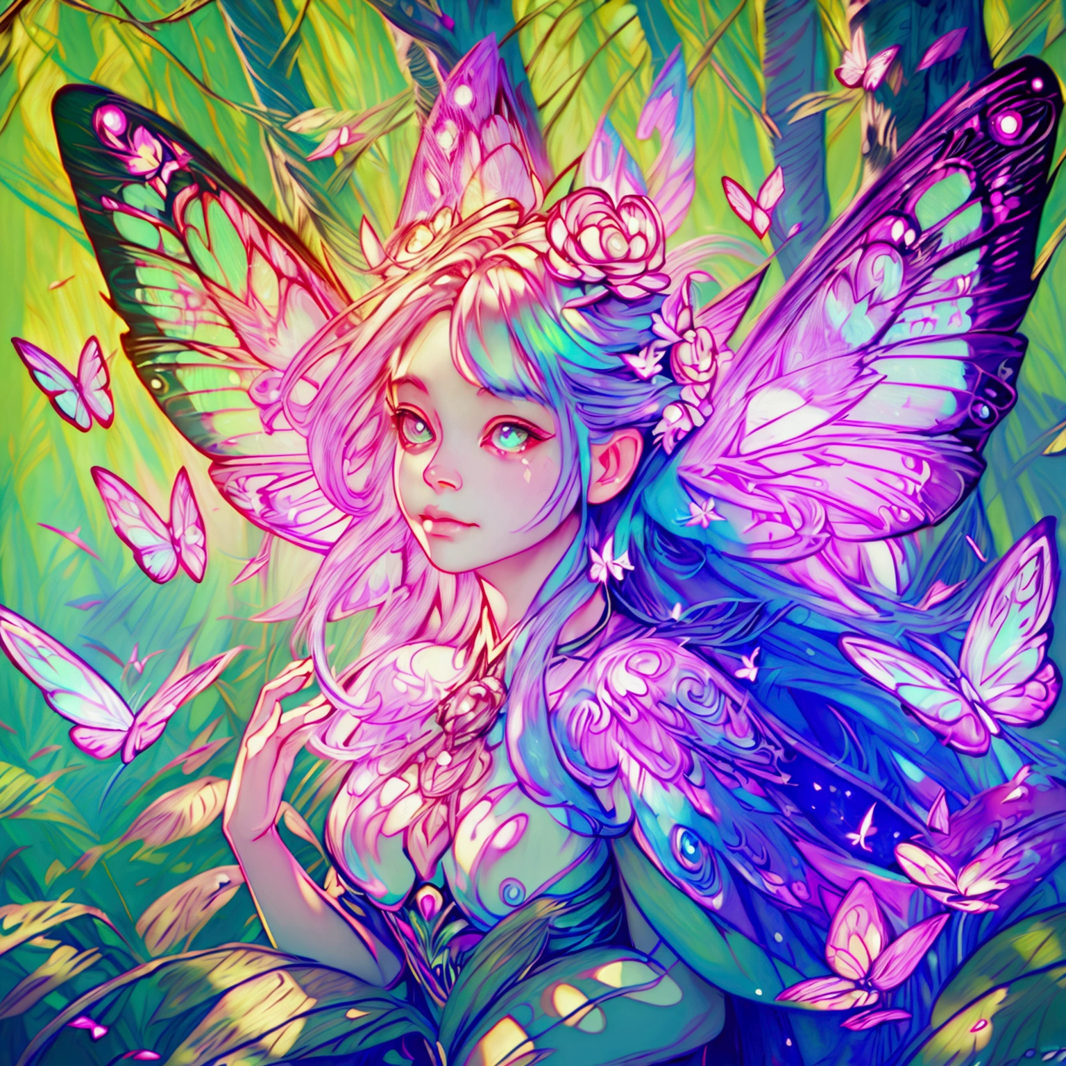 a fairy with multi colored wings of light flying through an enchanted forest,1girl,extremely detailed face and eyes,gorgeous fairy with beautiful flowing hair,colorful and glowing butterfly wings,enchanted forest with glowing mushrooms and flowers,sunlight filtering through the trees,cinematic lighting,vibrant colors,whimsical fantasy art,digital painting,(best quality,4k,8k,highres,masterpiece:1.2),ultra-detailed,(realistic,photorealistic,photo-realistic:1.37)
