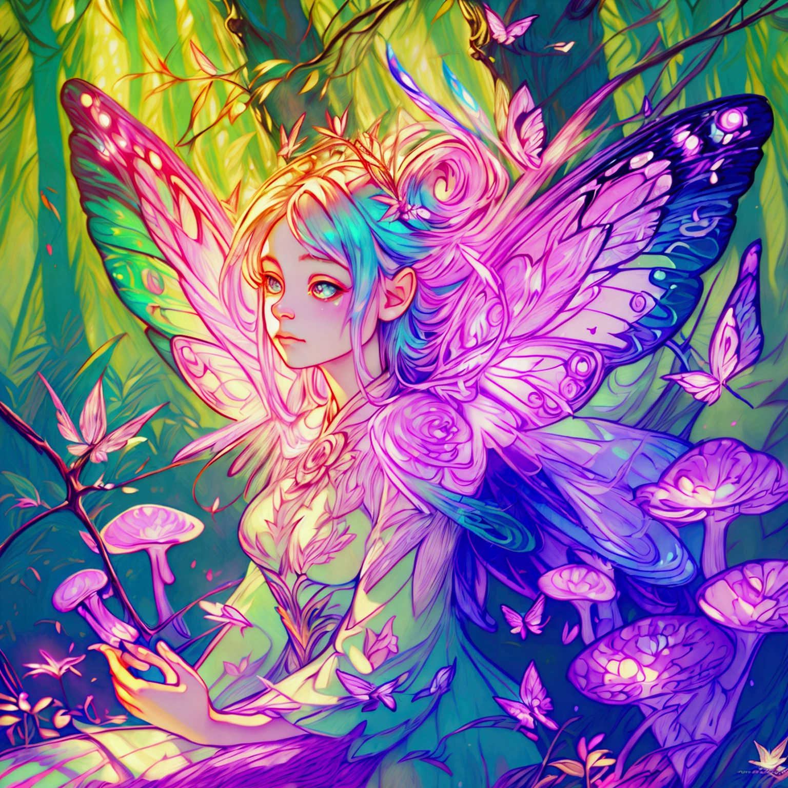 a fairy with multi colored wings of light flying through an enchanted forest,1girl,extremely detailed face and eyes,gorgeous fairy with beautiful flowing hair,colorful and glowing butterfly wings,enchanted forest with glowing mushrooms and flowers,sunlight filtering through the trees,cinematic lighting,vibrant colors,whimsical fantasy art,digital painting,(best quality,4k,8k,highres,masterpiece:1.2),ultra-detailed,(realistic,photorealistic,photo-realistic:1.37)