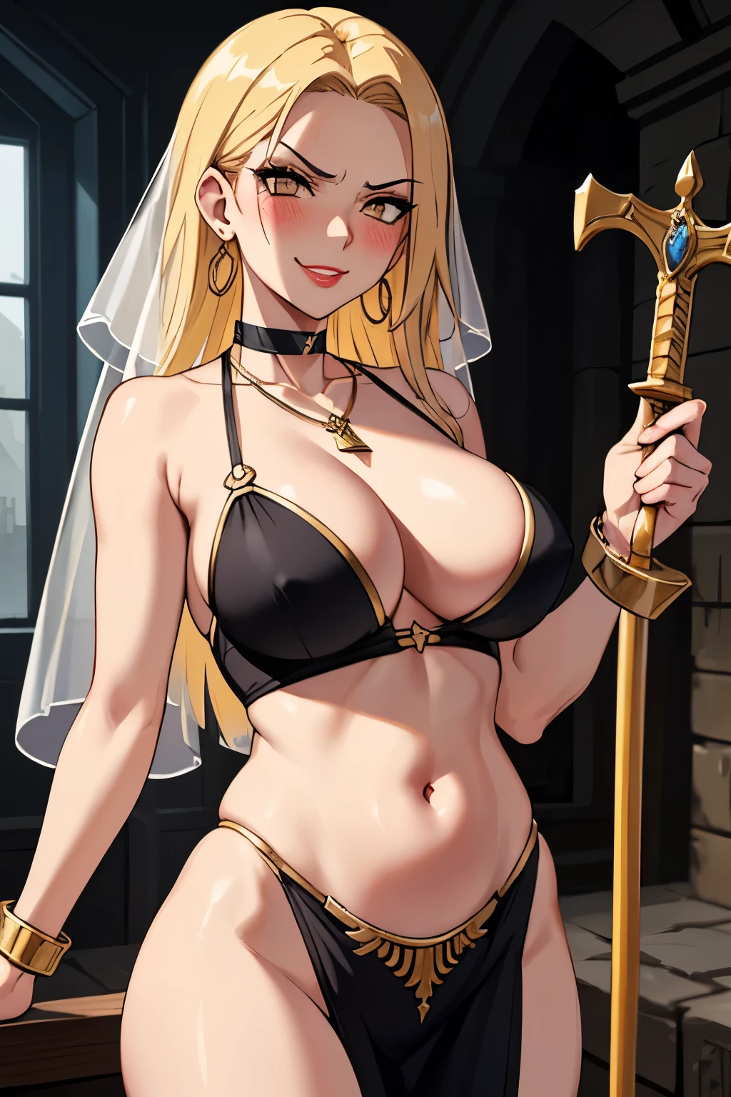 yumiif, choker, blonde hair, brown hair, multicolored hair, solo, 1girl, earrings, necklace, large breasts, long hair,, blush, lipstick, Hot girl, baddie, staring, glaring, bad attitude, mean girl, crazy, smoking, sensual, attractive, masterpiece, best quality, highly detailed ,glint,halterneck,gold_choker, complex detailed background,
inside, stone wall, ancient interior, ancient egyptian room, hieroglyphs, dark lighting, dark
atmosphere, (cowboy shot), holding a sword, sword, belly_chain,harem_outfit,navel, necklace,
pelvic_curtain,revealing_clothes, veil,masterpiece,best quality,1girl,mature,evil smile, smile,
female,mature,necklace,pendant, (nsfw) not safe for work, exposed belly, exposed navel, exposed
midriff, exposed lower belly