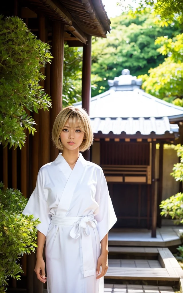 gyaru, dark-skinned, shiny oiled skin, blond hair, short cut hair, wearing white yukata, standing in the japanese shrine, sunshine, blue sky, at summer, cinematic lighting, in the summer