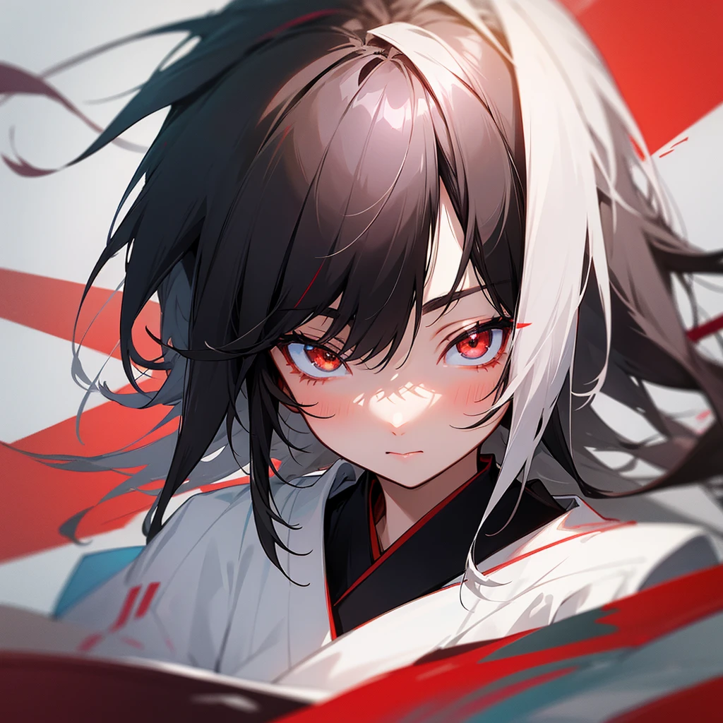 Japanese girl, black messy hair with white strands, Eyes red, black leagwear, high qualiy, face centered