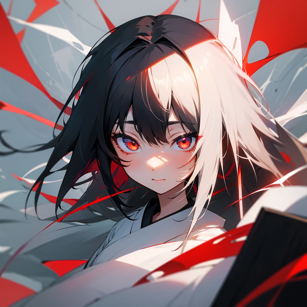 Japanese girl, black messy hair with white strands, Eyes red, black leagwear, high qualiy, face centered