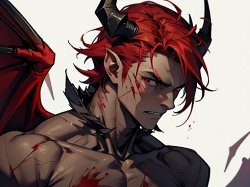 a man-like creature with blood-red eyes, large wings similar to those of dragons, dark red in color like dried blood, a tail of bones as hard as rock, dark reddish in color ,2 small horns on top of the head and 3 thorns on each shoulder that emanate a hot color like hellfire, sharped teeth, slenderbody, blood stained all over the body covered in scars and open wounds.